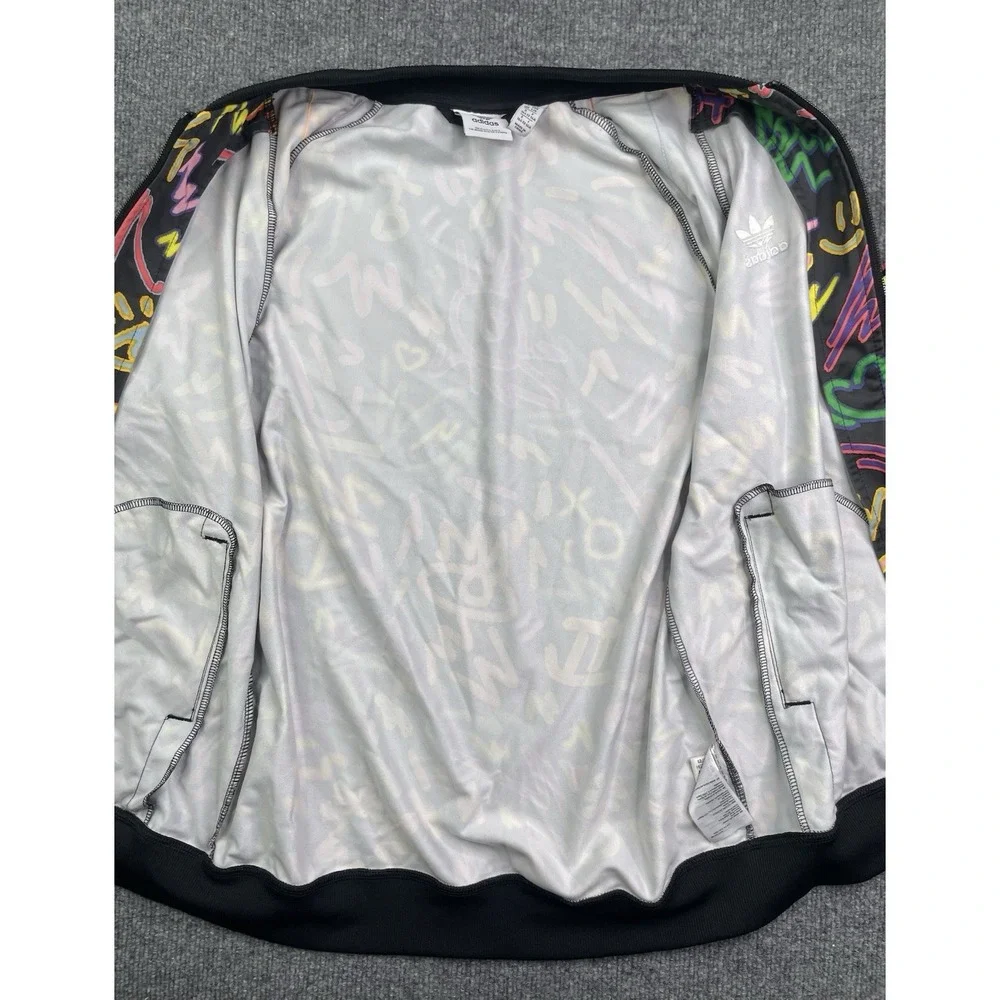 Adidas Track Jacket Youth Large Black Graffiti Print Neon‎ Full Zip